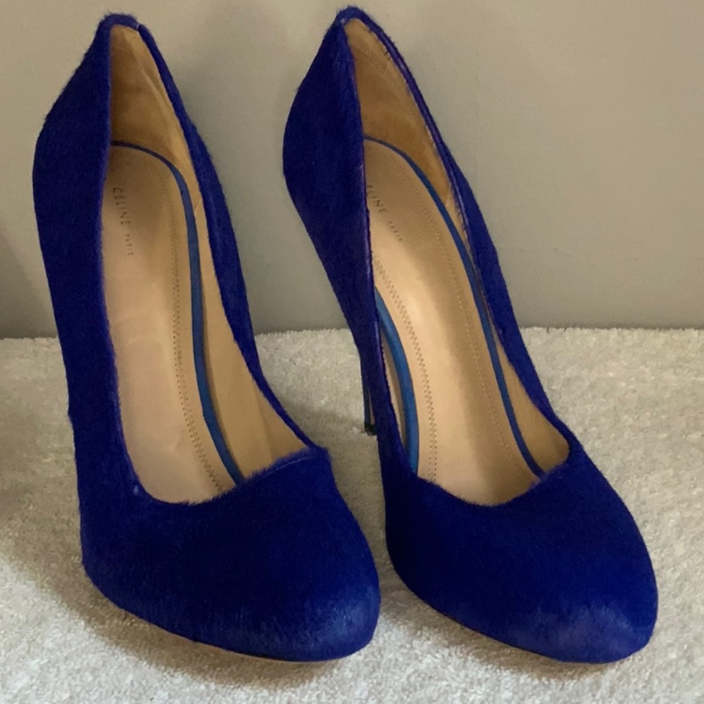 Celine Blue Fur and Leather Pumps with a Stiletto Heel (EU 40.5 / 10.5)